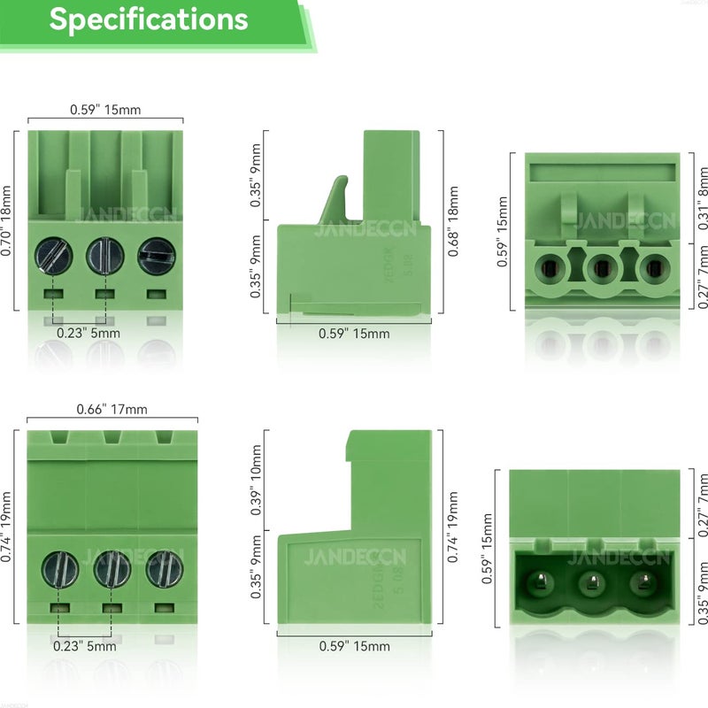 JANDECCN 20Pcs 3 Pin 5.08mm Pitch DIY PCB Mount Screw Terminal Block Connector with 20Pcs 3 Pin Phoenix Plug - Image 5